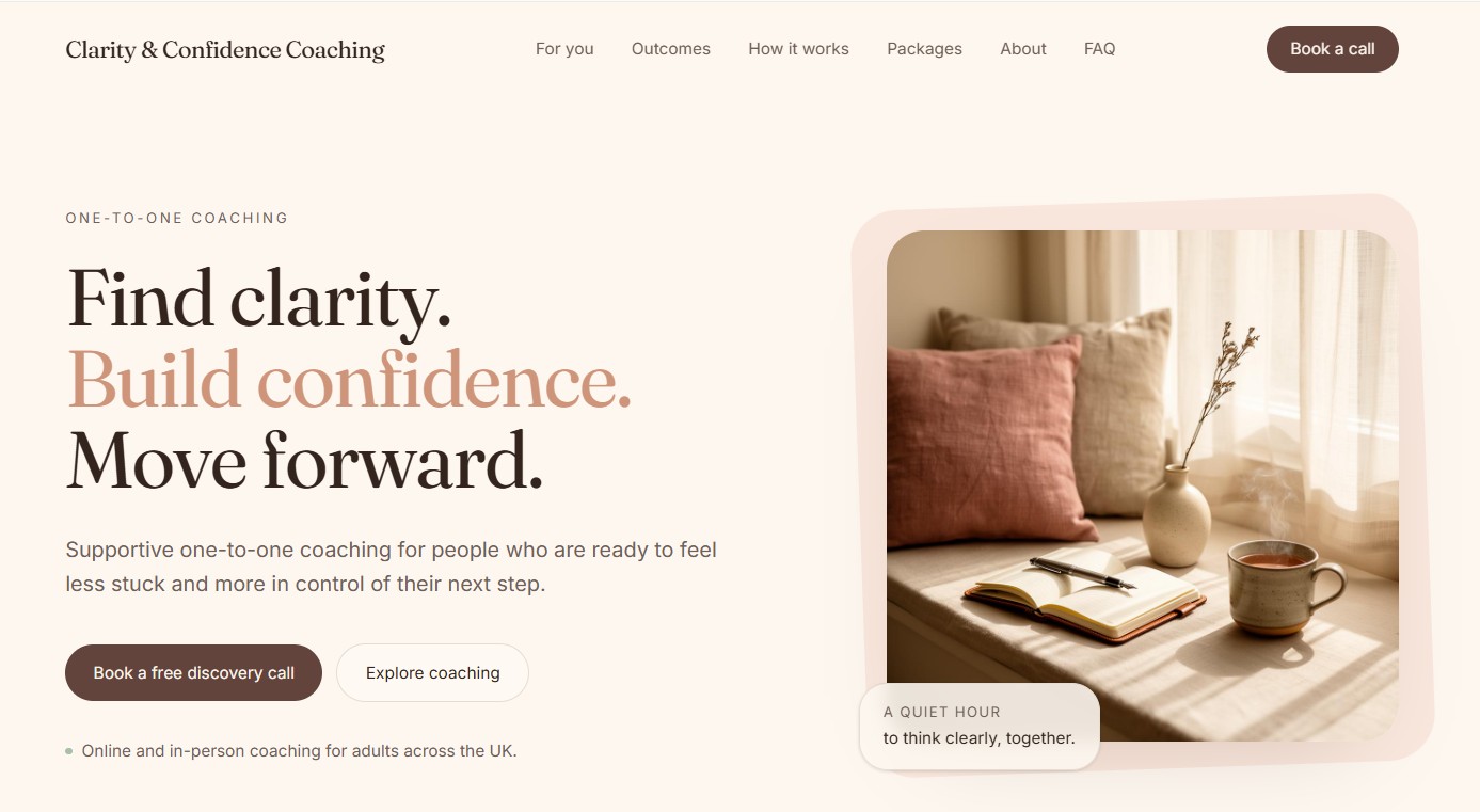 Coach website with warm personal brand layout and clear offers