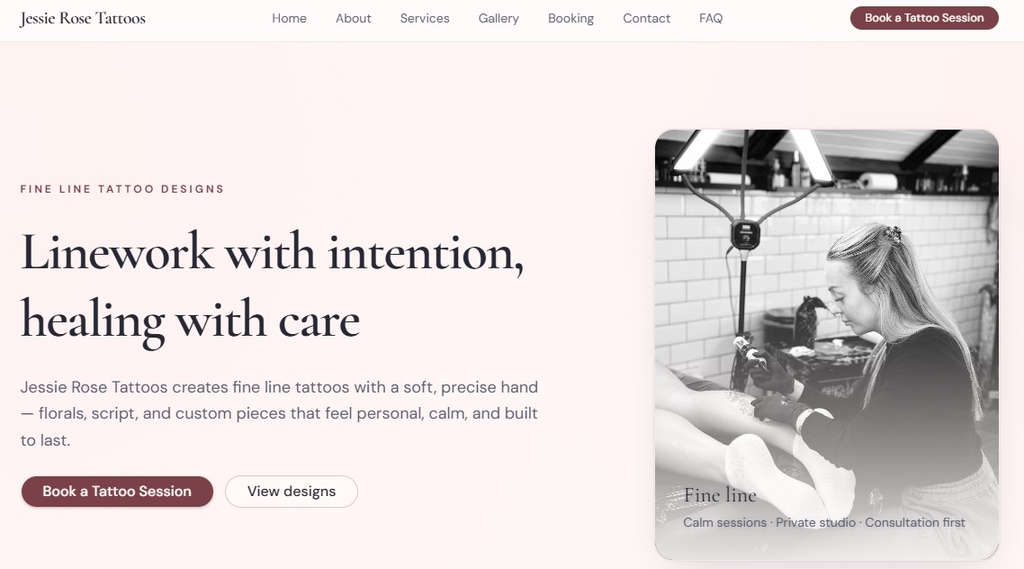 Tattoo studio website with bold visuals and service details